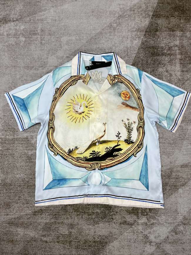 1:1 quality version Peacock and Swan Silk Print Short Sleeve Shirt