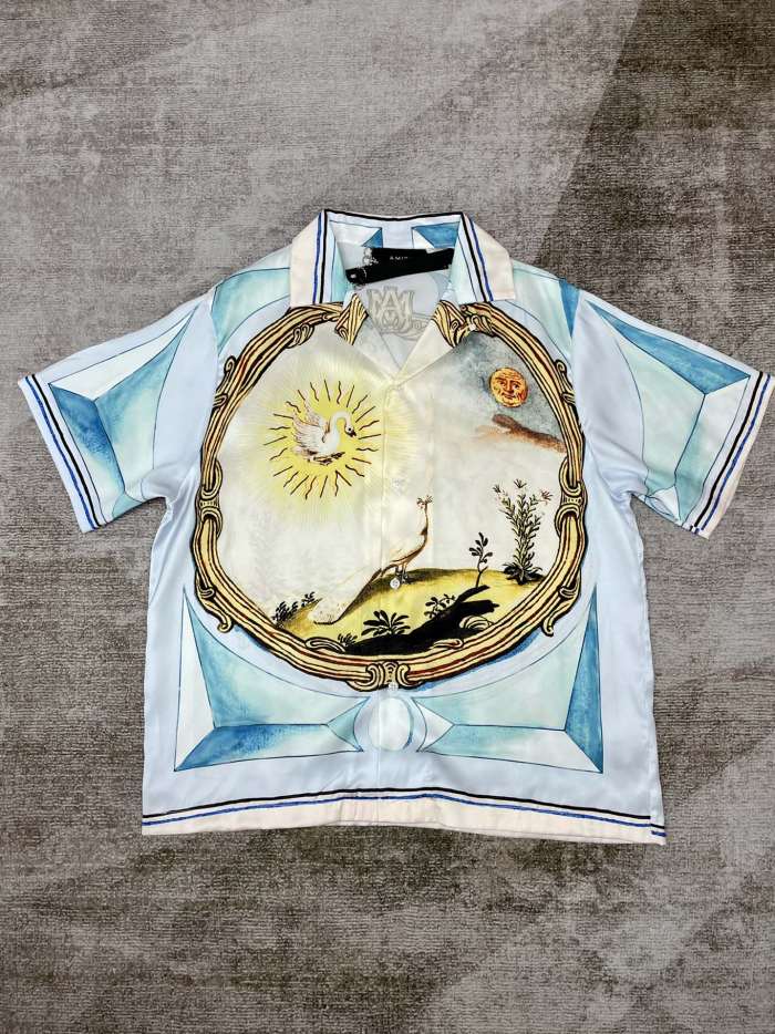 1:1 quality version Peacock and Swan Silk Print Short Sleeve Shirt