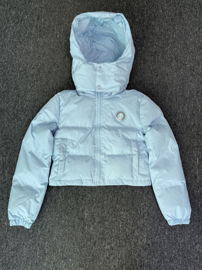 1:1 quality version Short Chest Cross Down Detachable Hooded Jacket Blue for girls