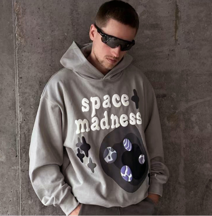 Vintage Space Crazy Foam Letter Grey Hoodie