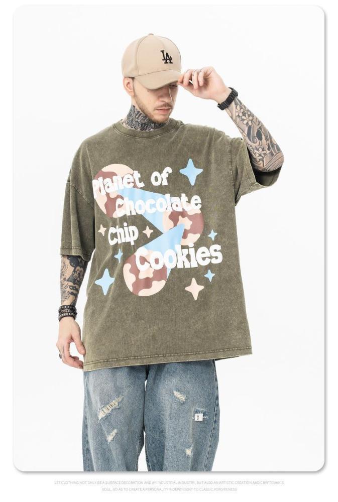 Cartoon Planet Washed Old Letter Print T-shirt 3 Colors