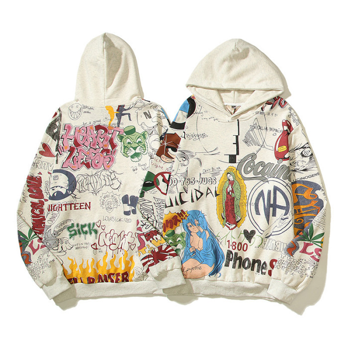 Hand Painted Graffiti Guanyin Printed Aged Hoodie