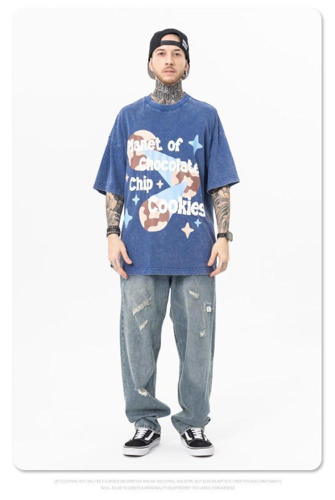 Cartoon Planet Washed Old Letter Print T-shirt 3 Colors
