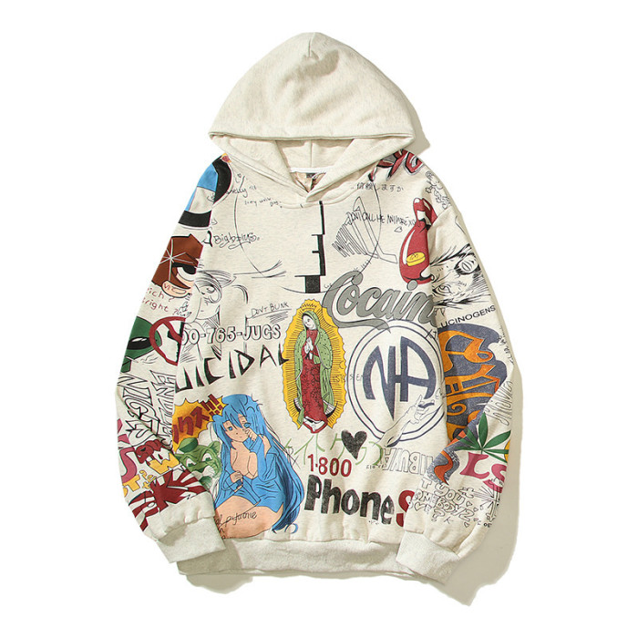 Hand Painted Graffiti Guanyin Printed Aged Hoodie