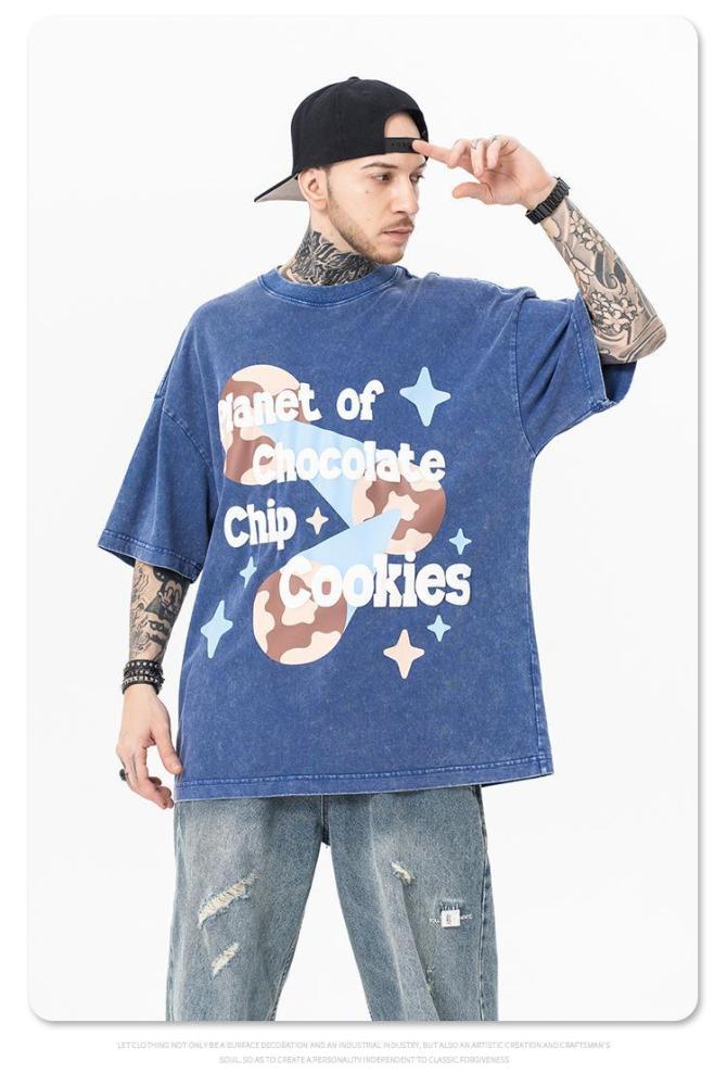 Cartoon Planet Washed Old Letter Print T-shirt 3 Colors