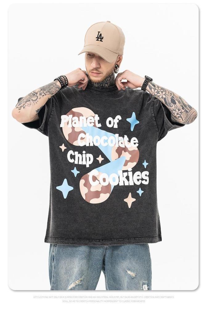 Cartoon Planet Washed Old Letter Print T-shirt 3 Colors