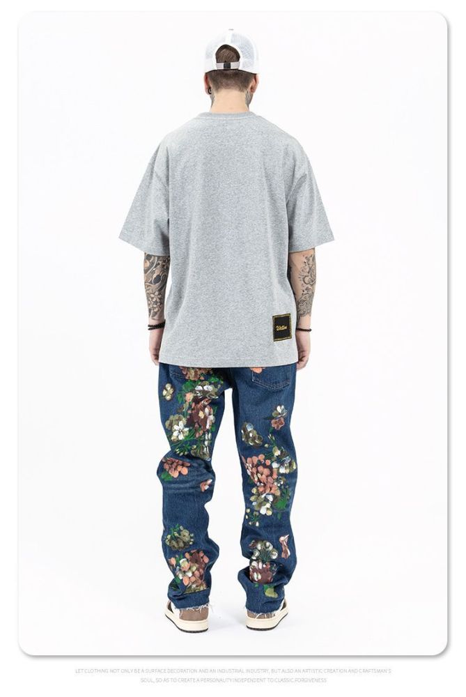 Heavy Duty Graffiti Flower Mustard Wash Denim Trousers