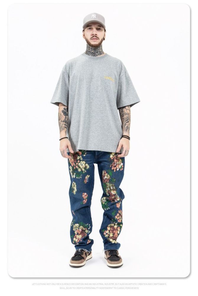 Heavy Duty Graffiti Flower Mustard Wash Denim Trousers
