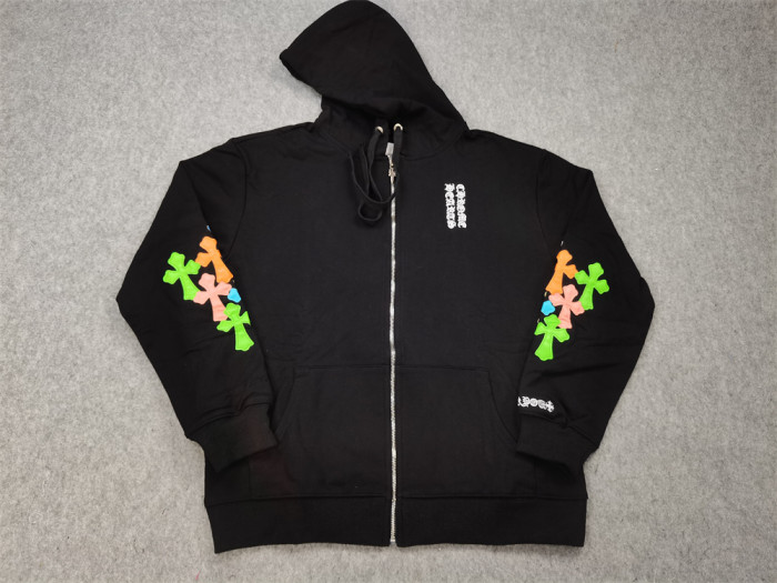 colorful leather cross logo sleeve hoodie black & white