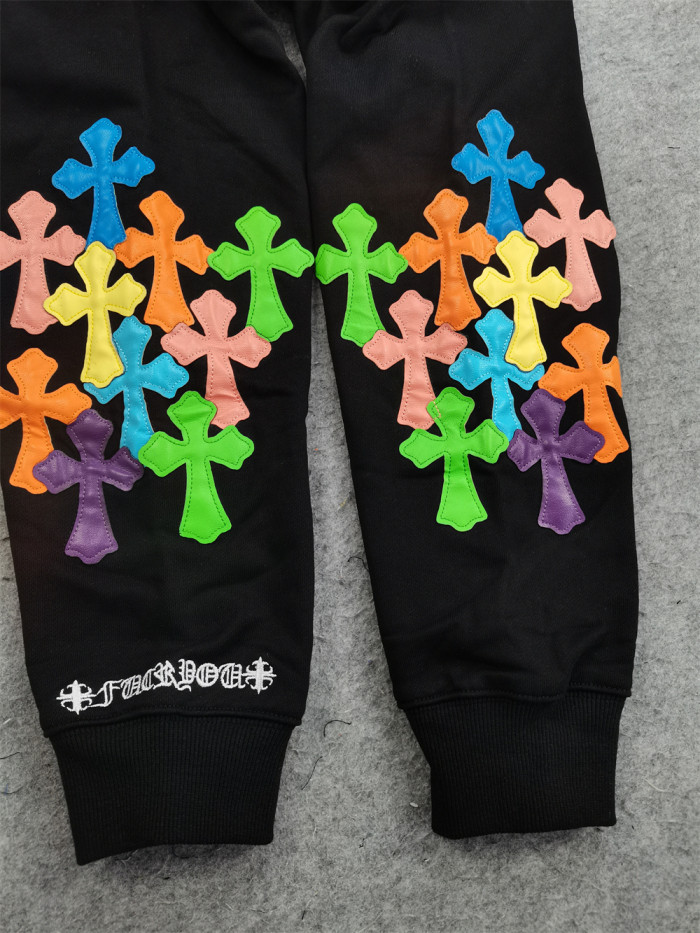 colorful leather cross logo sleeve hoodie black & white