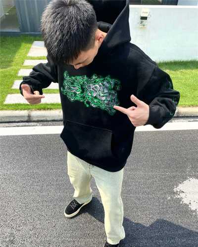 High Street Graffiti Heavy Duty Washed Casual Loose Padded Hooded Sweatshirt