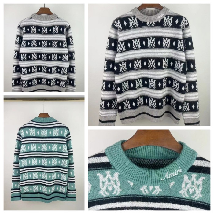 Personalized logo embroidered jacquard crew neck sweater 2 colors