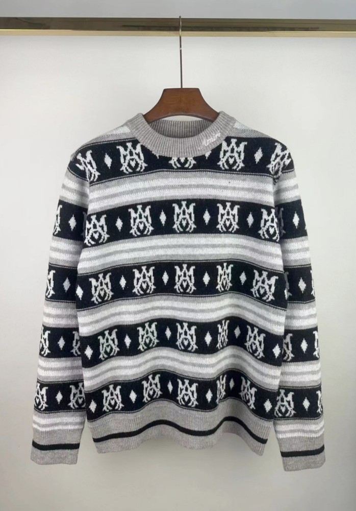 Personalized logo embroidered jacquard crew neck sweater 2 colors