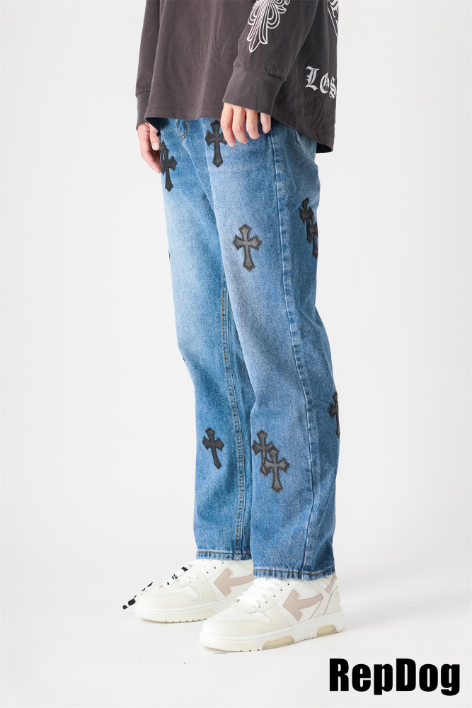 1:1 quality black leather logo blue jeans