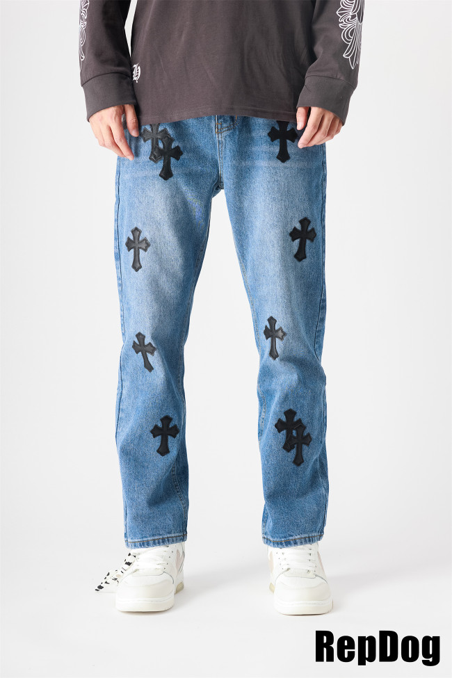 1:1 quality black leather logo blue jeans