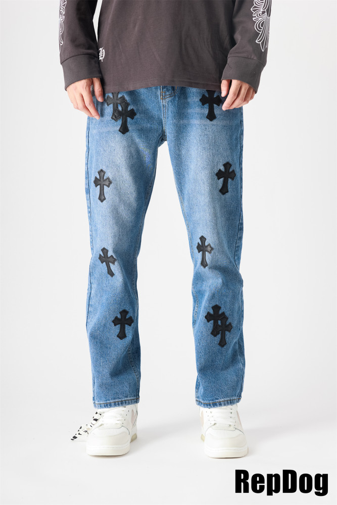 1:1 quality black leather logo blue jeans