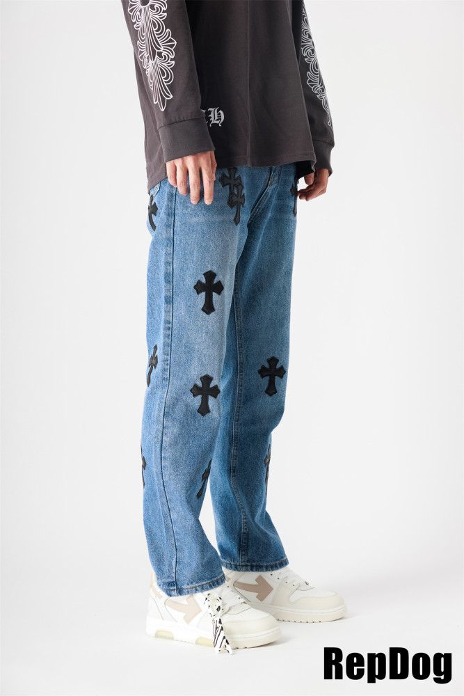 1:1 quality black leather logo blue jeans