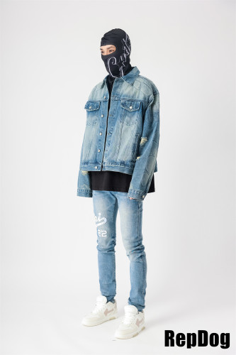 Armour style making old cat whiskers torn denim Jacket Kanye West YZY
