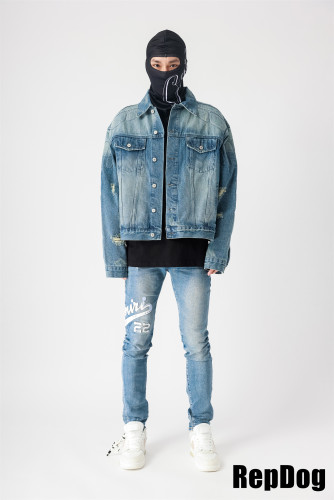 Armour style making old cat whiskers torn denim Jacket Kanye West YZY