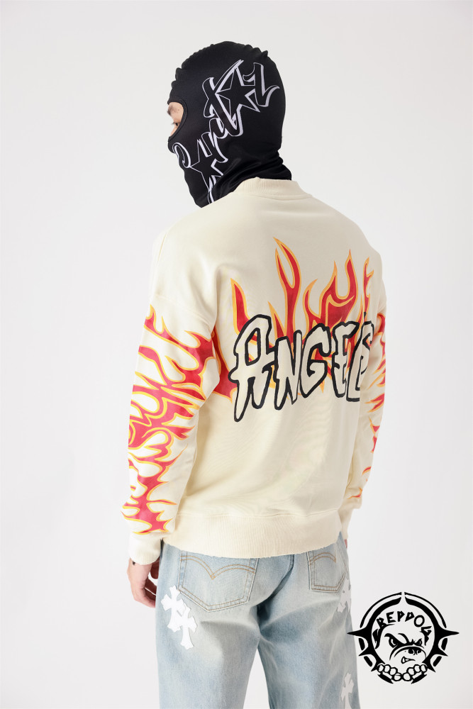 Flame embroidered letter round neck pullover