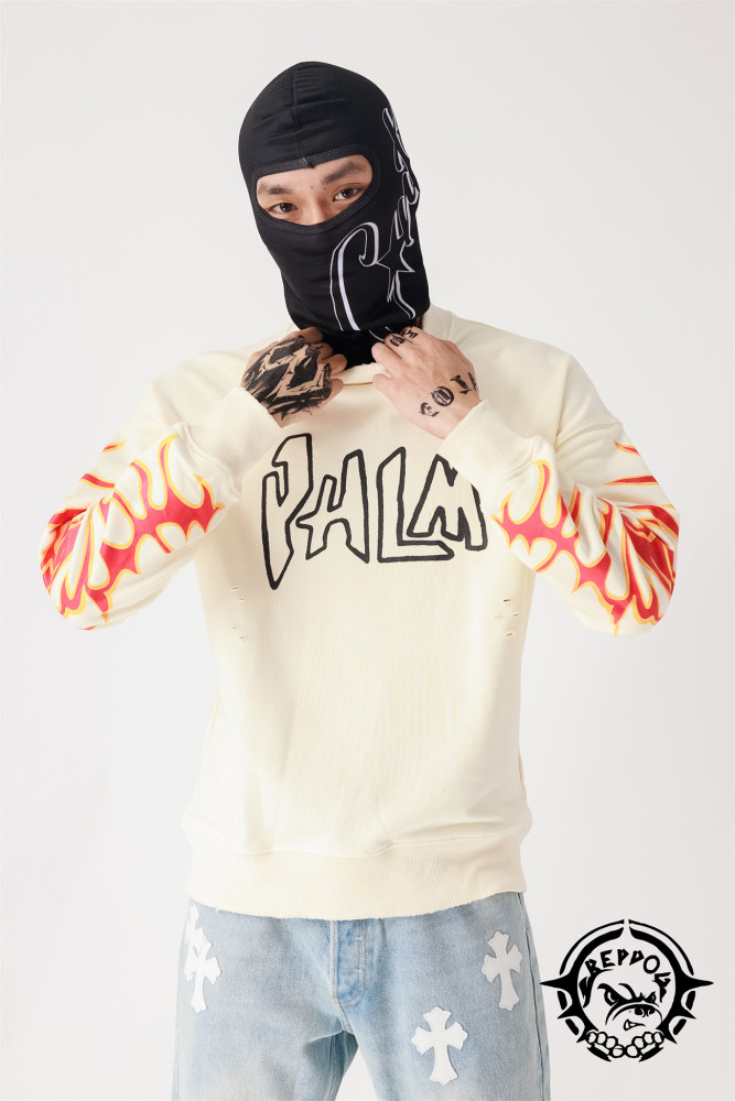 Flame embroidered letter round neck pullover