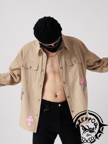 [buy more save more] Leather cross piece embroidered shirt