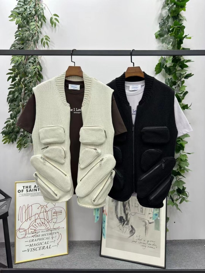 Multi-pocket knit vest jacket 2 colors