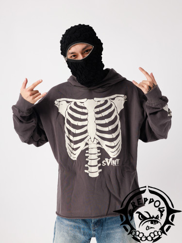 Skeleton Ribbed Turtle Print Hoodie