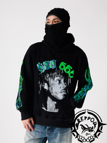 Human Face Fluorescent Green Totem Print Hoodie