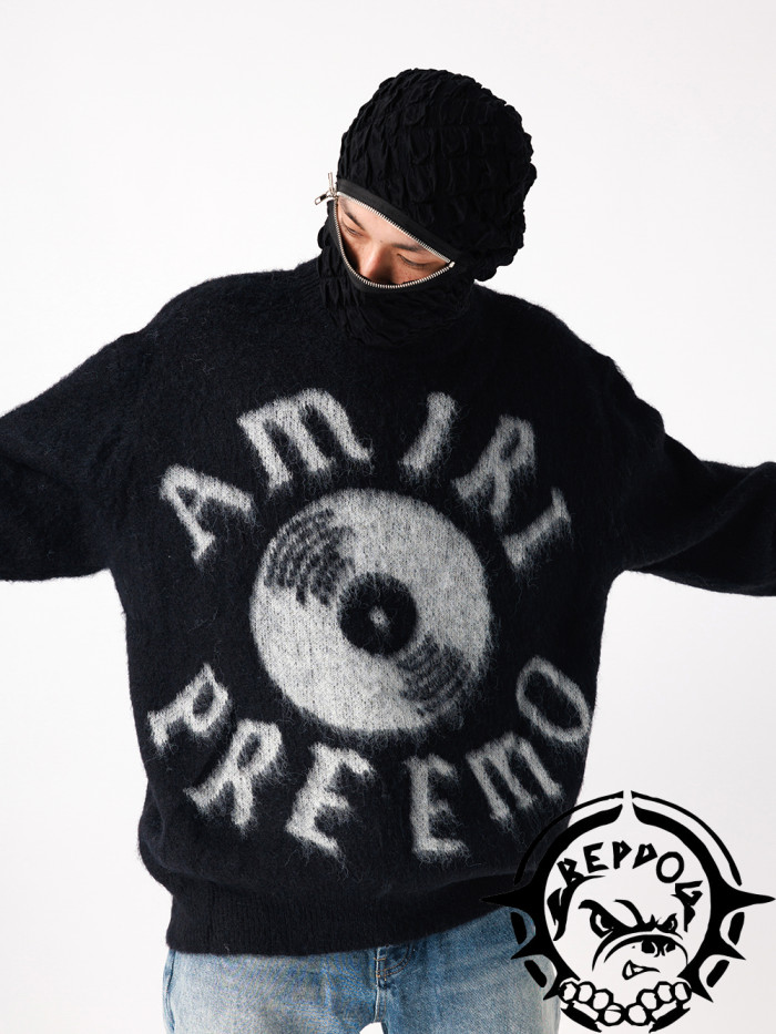 Vinyl slogan jacquard crew neck sweater pullover