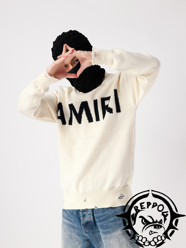 [Buy More Save More]Monogrammed Logo Ripped Crew Neck Sweater 2 colors