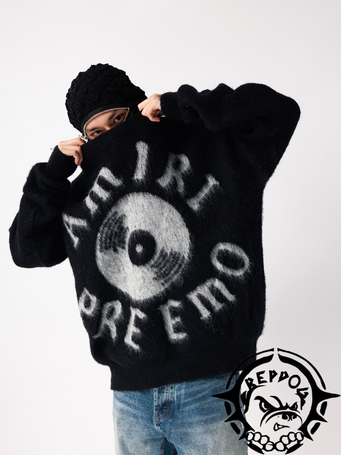 Vinyl slogan jacquard crew neck sweater pullover