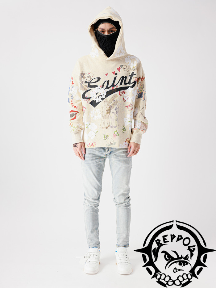 [buy more save more]Classic Cotton Graffiti Washed Printed Pullover Hoodie