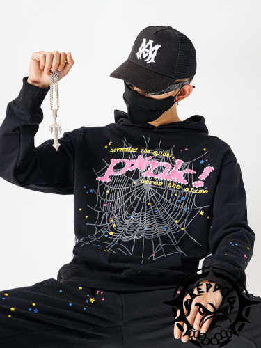 Young Thug Sp5der pink leteers logo hoodie black