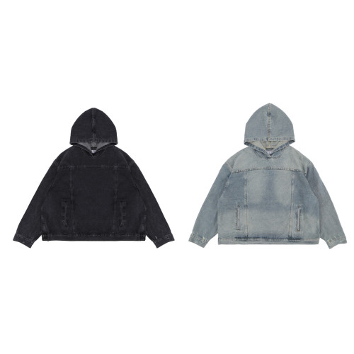 Solid Color Simple Line Hooded Denim Sweatshirt 2 colors