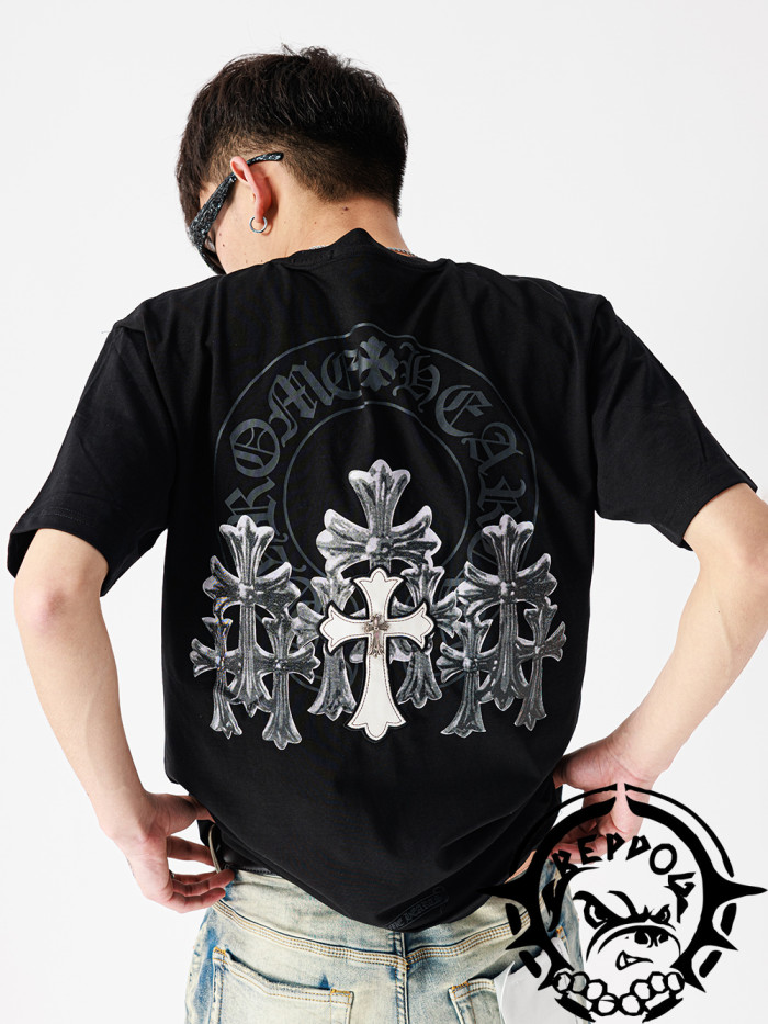 1:1 quality version Metallic ragged embroidered cross tee
