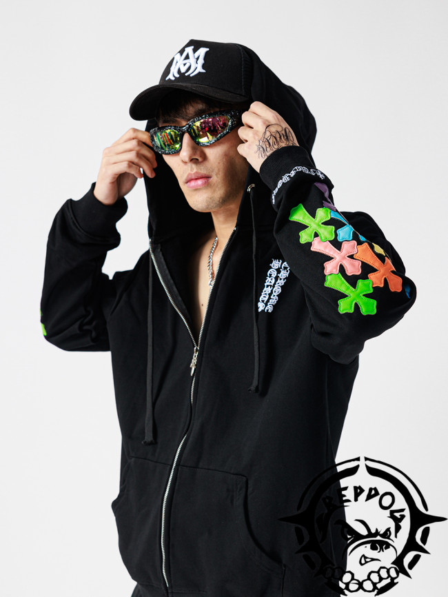 colorful leather cross logo sleeve hoodie black & white