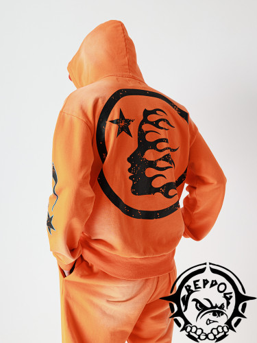 Classic Orange Half Face Washed Hoodie