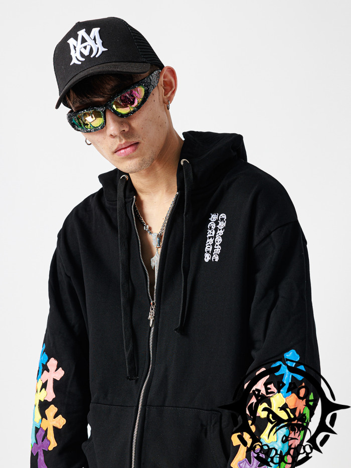 colorful leather cross logo sleeve hoodie black & white