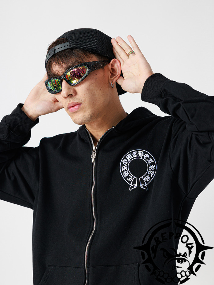 Leather embroidered horseshoe zipper hoodie