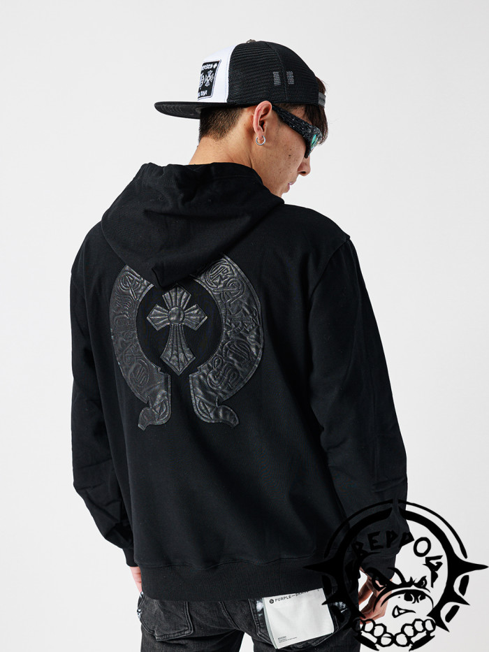 Leather embroidered horseshoe zipper hoodie