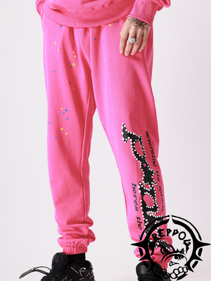 Young Thug Sp5der-Pink pants with white dots and black lettering