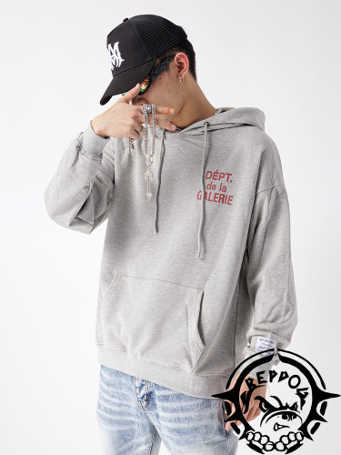 Printed hoodie with red lettering on front and back