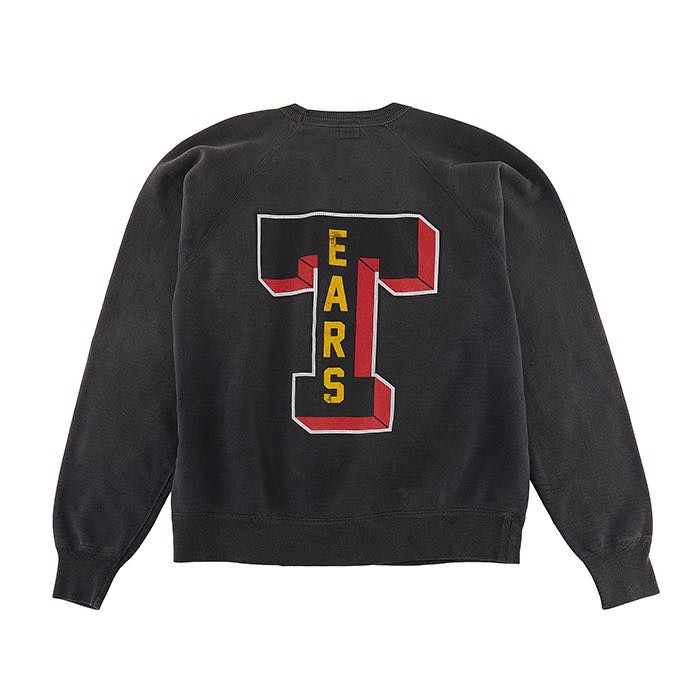 Washed and distressed monogrammed crew neck sweatshirt