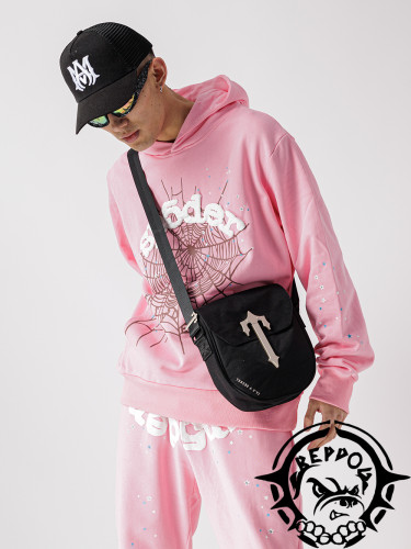 Trendy Pink Shiny Rhinestone Spider Web Hoodie