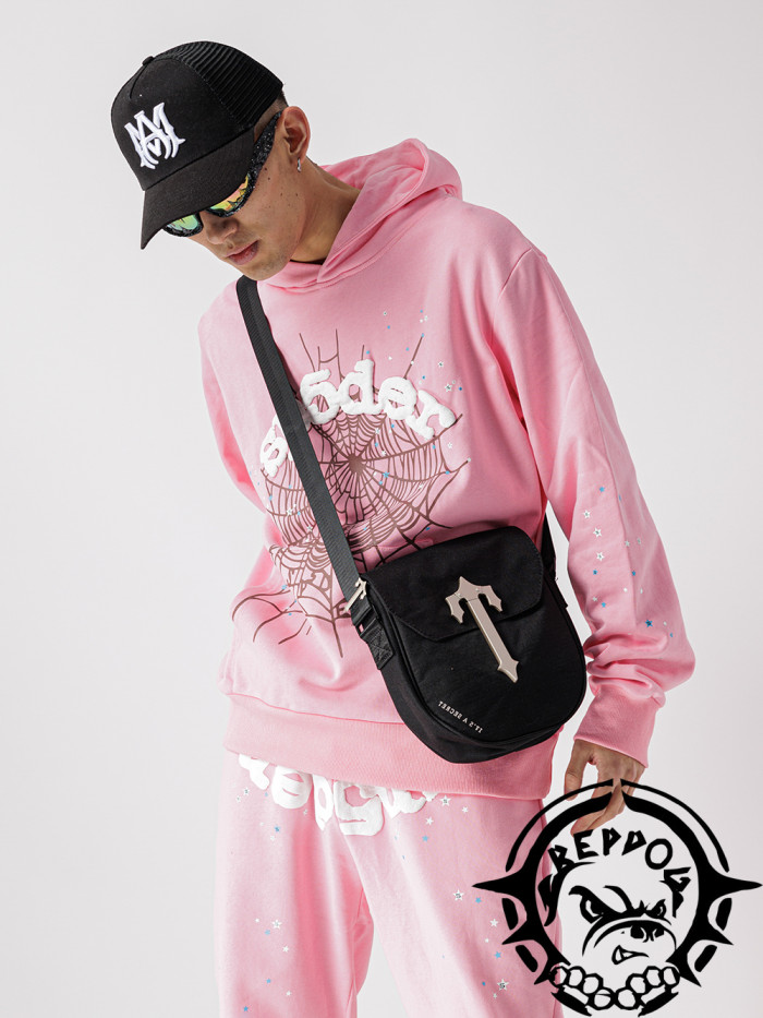 Trendy Pink Shiny Rhinestone Spider Web Hoodie