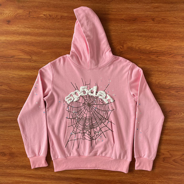 Trendy Pink Shiny Rhinestone Spider Web Hoodie