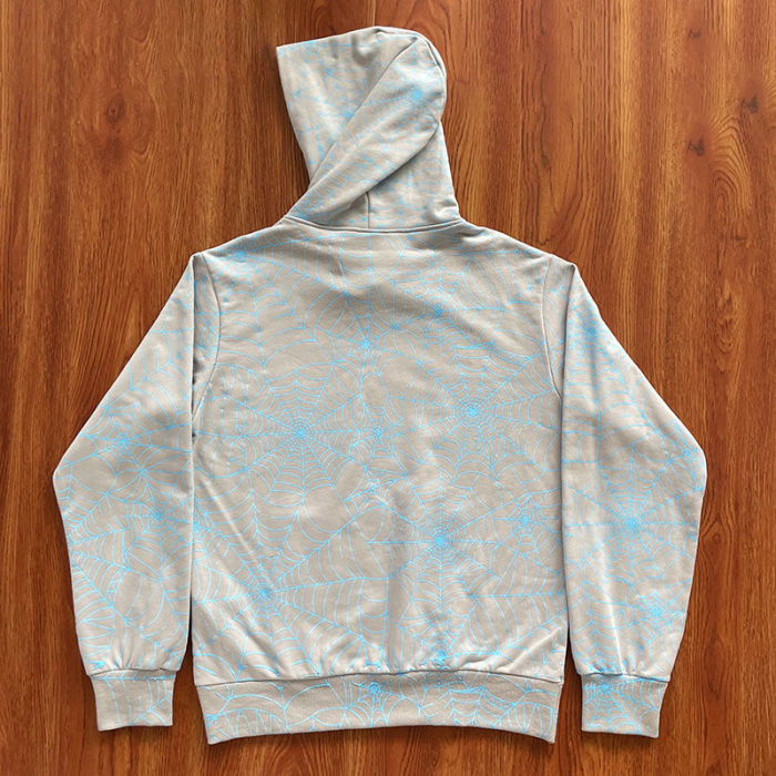 [50% Off]Fluorescent Blue Spider Web Small Logo Print Hoodie 25313140