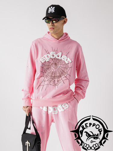 Trendy Pink Shiny Rhinestone Spider Web Hoodie