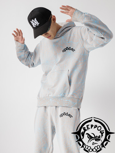 Fluorescent Blue Spider Web Small Logo Print Hoodie